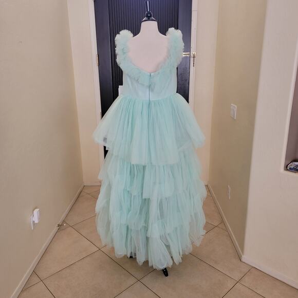 Mac Duggal 20570 Mint Green Off Shoulder Tiered Tulle Ball Style Gown Dress 12 - Picture 8 of 10